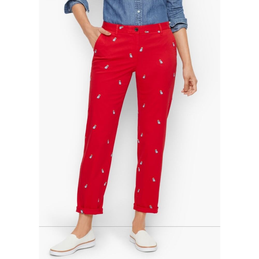 Talbots Relaxed Chinos Frenchie Critter Pants 12P Red Embroidered Dog Print